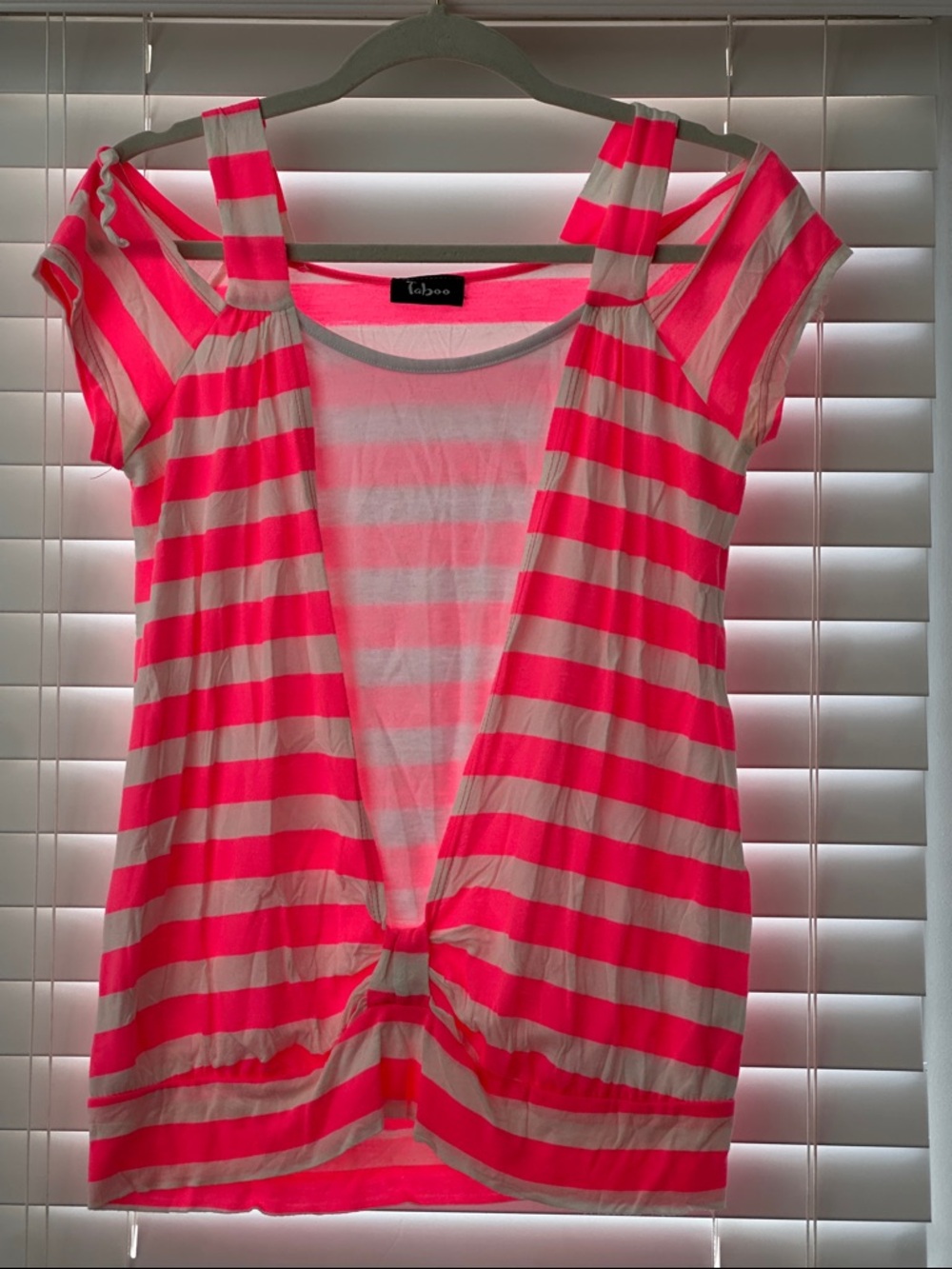 Taboo Neon Pink and White Striped Cold-Shoulder Tie-Front Crop Top